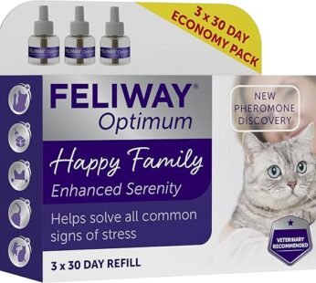 Click to see full view      4+  VIDEO Product Safety May be fatal if swallowed and enters airways. Danger May be fatal if swallowed and enters airways.  Repeated exposure may cause skin dryness or cracking.  FELIWAY Optimum 3×30 Day Cat Calming Odourless Refills for Pheromone Diffuser, 3x48ml Value Pack – Helps Solve Signs of Stress in Cats & Kittens, Veterinary Recommended, Drug-free, Clinically Proven